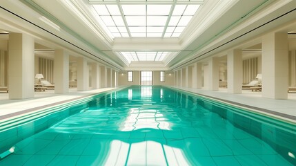 Obraz premium A luxurious indoor swimming pool with turquoise water reflecting light from large skylights above, surrounded by pristine white tiles.