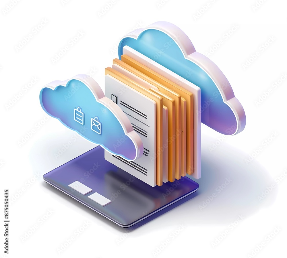 Poster 3d vector icon of cloud server with document file, isometric view, white background