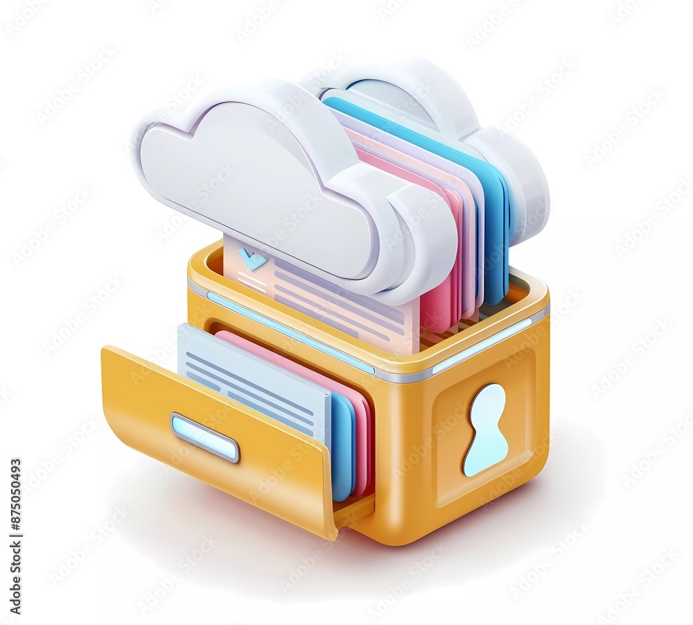 Poster 3d vector icon of cloud server with document file, isometric view, white background