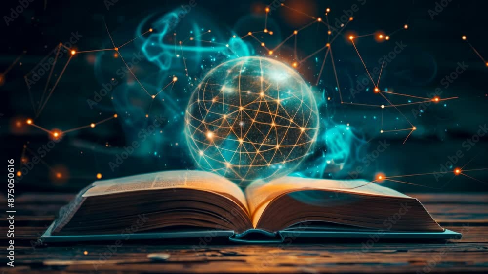Aufkleber 3d animation of an open book with a holographic globe above it