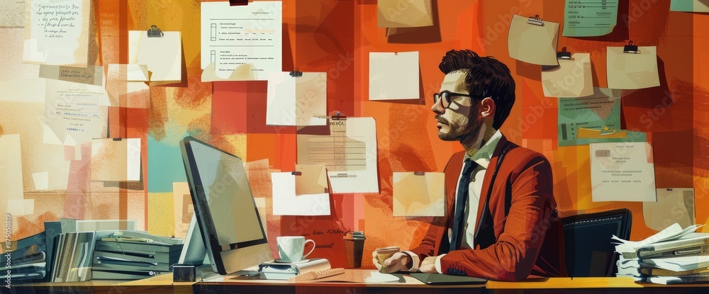 Poster a man in a red suit is sitting at a desk in front of a computer he is surrounded by sticky notes, an