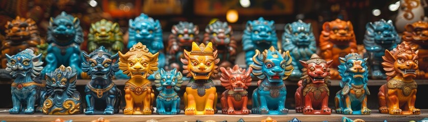 Fototapeta premium Colorful figurines of mythical creatures lined up on a shelf.