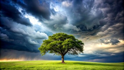 Fototapeta premium Resilience in the Face of Adversity: A Solitary Tree Standing Tall Against the Storm Generative AI Algorithmic art