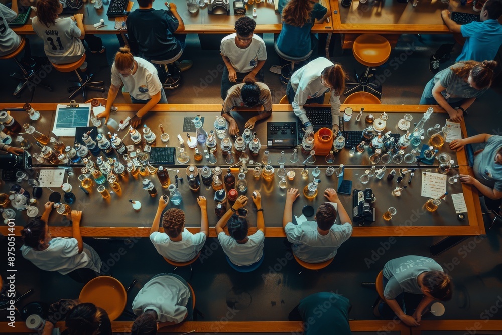 Poster students working on a science experiment in a classroom