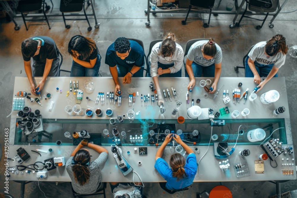 Poster overhead view of students working in a science lab