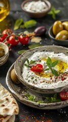 A bowl of creamy yogurt dip with olive oil, mint, and spices on a rustic plate