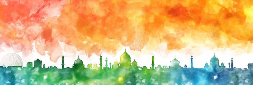 Watercolor skyline of Indian monuments with tricolor background, symbolizing culture, heritage, and national pride for India's Independence Day