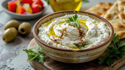 Creamy white bean dip with olive oil, parsley, and spices in a bowl