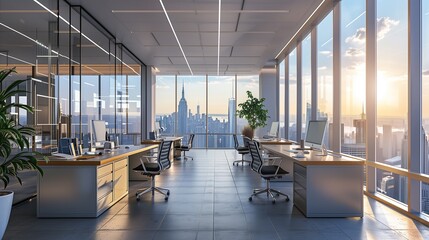 A modern office space with open-plan design, sleek desks, and large windows offering a panoramic view of the city skyline.