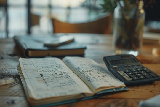 Open Notebook with Calculator on Wooden Table