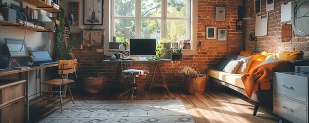 Students decorating their new dorm room, copy space, arranging furniture, dynamic, Composite, backdrop of a stylish dorm