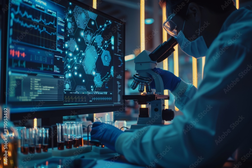 Aufkleber scientist examining a sample under a microscope in a modern laboratory