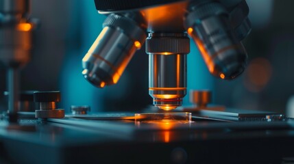 Close-up of a microscope lens illuminated by light.