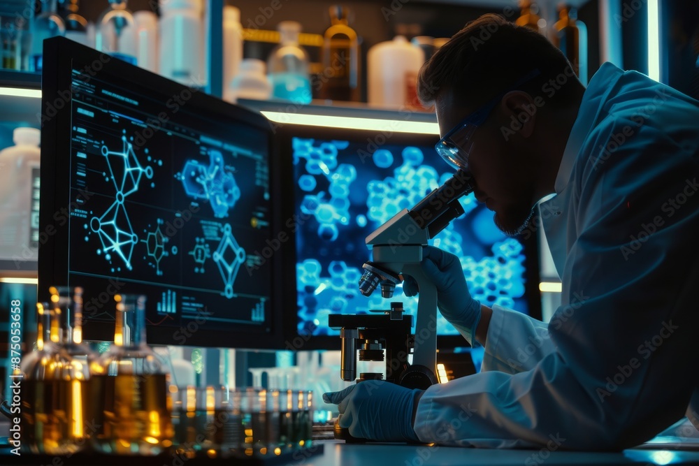 Aufkleber scientist examining a sample under a microscope in a laboratory