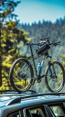 Fototapeta premium A mountain bike is mounted on the roof rack of a car in a forest setting