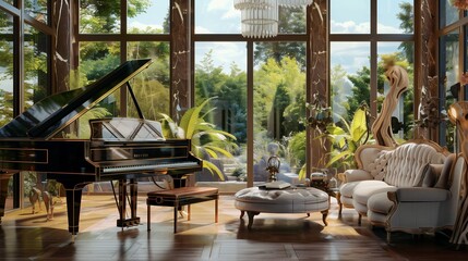 Fototapeta premium A sophisticated music room with a grand piano, elegant seating, and large windows offering a view of a serene garden.