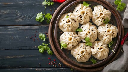 Delicious large Georgian khinkali on a plate. selective focus. Generative AI,