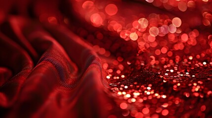 Decorative red glittering sequins on red cloth textile texture fashion background. 