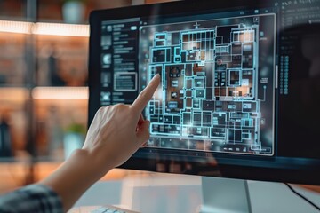 Real estate agent conducting a virtual tour, close up, innovative technology, realistic, Overlay, backdrop of a computer screen