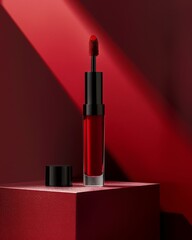 A single red liquid lipstick stands upright on a red textured platform with the lid beside it, illuminated by natural light shining down.