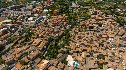 Aerial view of houses in the historic center of Viterbo, Lazio, Italy.