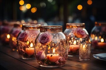 Elegant evening table setting with decorative glass jars containing candles and roses.