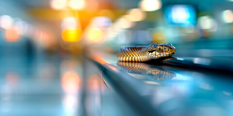 Fototapeta premium Snake at the airport. Concept: wildlife trafficking, exotic pets, animal smuggling, wildlife conservation. Relevant for news media, wildlife protection organizations, and educational materials.