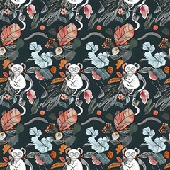Cute Monkey and Vibrant Floral Seamless Repeat