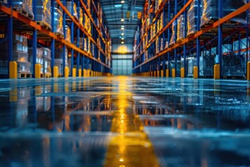 Fototapeta premium Logistic and business, environment, selective focus, warehouse management, vibrant, Overlay, backdrop of a distribution center