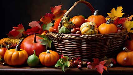 Crisp air, colorful harvest! A basket filled to the brim with autumn's ripe fruits and veggies