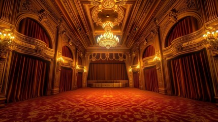 Obraz premium An opulent theater with plush red carpeting, golden accents, and a grand chandelier hanging from the ornate ceiling, with velvet curtains parting to reveal the stage.
