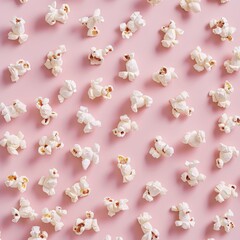 Top view of popcorn on a pastel pink background. Creative pattern form poster. 
