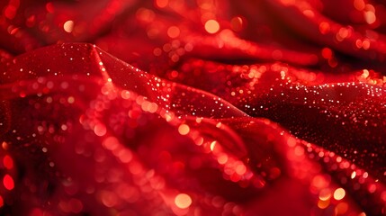 Decorative red glittering sequins on red cloth textile texture fashion background. 