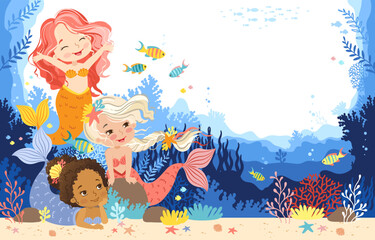 Hand drawn vector illustration group of a cute mermaids in the underwater world. Cartoon background for children. Underwater sea life of coral reef