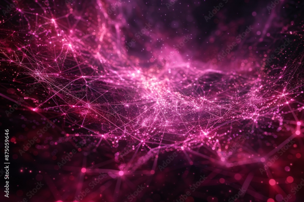 Poster vivid pink abstract representation of a neural network with glowing connections, capturing the compl