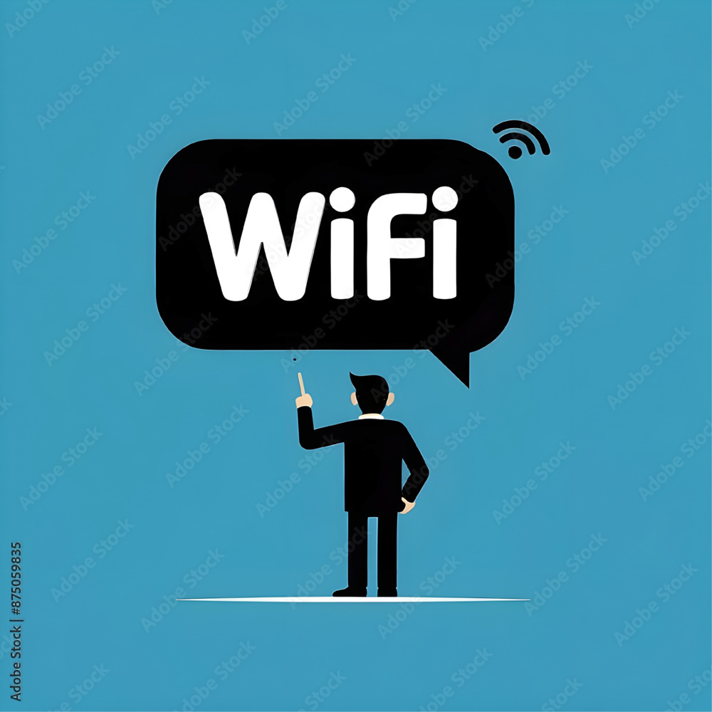 Poster connecting to the digital world: businessman pointing towards wifi symbol, symbolizing internet acce