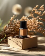 A single bottle of foundation sits atop a cardboard box, showcasing a minimalist beauty product in a natural setting.