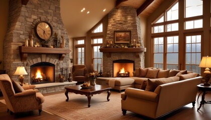 Fototapeta premium A beautiful luxrious warm living room with fireplace