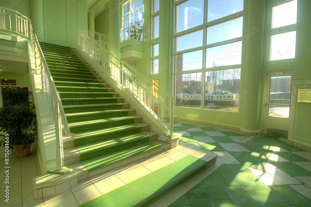 Poster bright, sunlit staircase in a modern building with large windows, emphasizing clean lines and archit