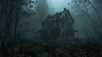 Dark scary horror background with haunted house in the woods