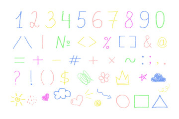 Vector wax crayon numbers in doodle drawn scribble texture style