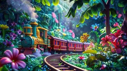 Obraz premium Animated trains rushing through a magical, fairy-tale forest drawing for children's books