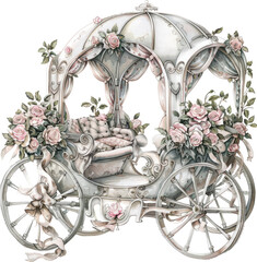 Vintage carriage with flowers isolated on white background