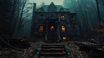 Dark scary horror background with haunted house in the woods