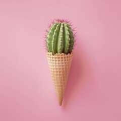 Cactus in an ice cream cone on a pink background. Modern food concept. 