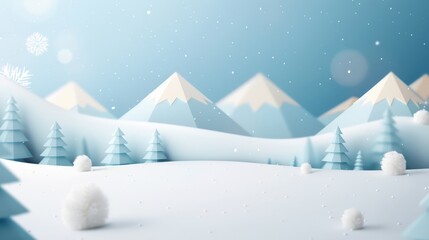 Winter wonderland with snowy mountains, trees, and snowflakes gently falling from the sky. Peaceful and serene winter landscape.