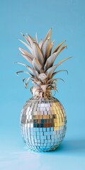 Pineapple made of a disco ball on a pastel blue background.