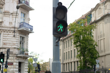 Traffic light with green light and safe to move. Pedestrian Traffic Lights in city. Traffic...