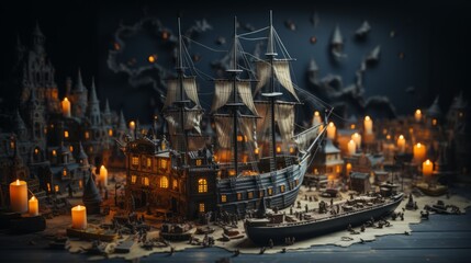 Obraz premium A detailed model of a pirate ship in a harbor at night.