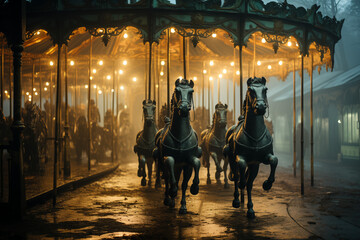 A haunted carousel with ghostly, monstrous horses
